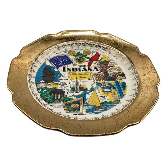 Rare Vintage Crest-O-Gold 9" INDIANA Collectors Plate Hoosier History 22K Gold - Picture 3 of 7